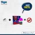 Tiger Insecticides mosquito trap kit featuring a blue and red box, a pink and white trap device, a mosquito illustration, a plus sign, and a prohibition symbol over a mosquito, with the text 'JUST FACTS.' on a white background.