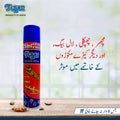 A can of Tiger Insecticide Aerosol standing on a wooden surface, with Urdu text on the right and small insects placed around the can. The Tiger brand logo is visible in the top left corner.