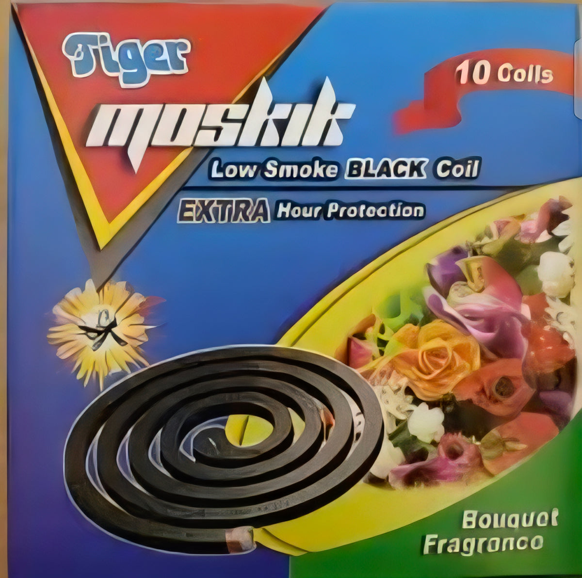 Tiger Moskik Low Smoke Black Coil mosquito repellent box, 10 coils, Bouquet Fragranco scent, featuring a black coil graphic on a blue, red, and green background with floral imagery.